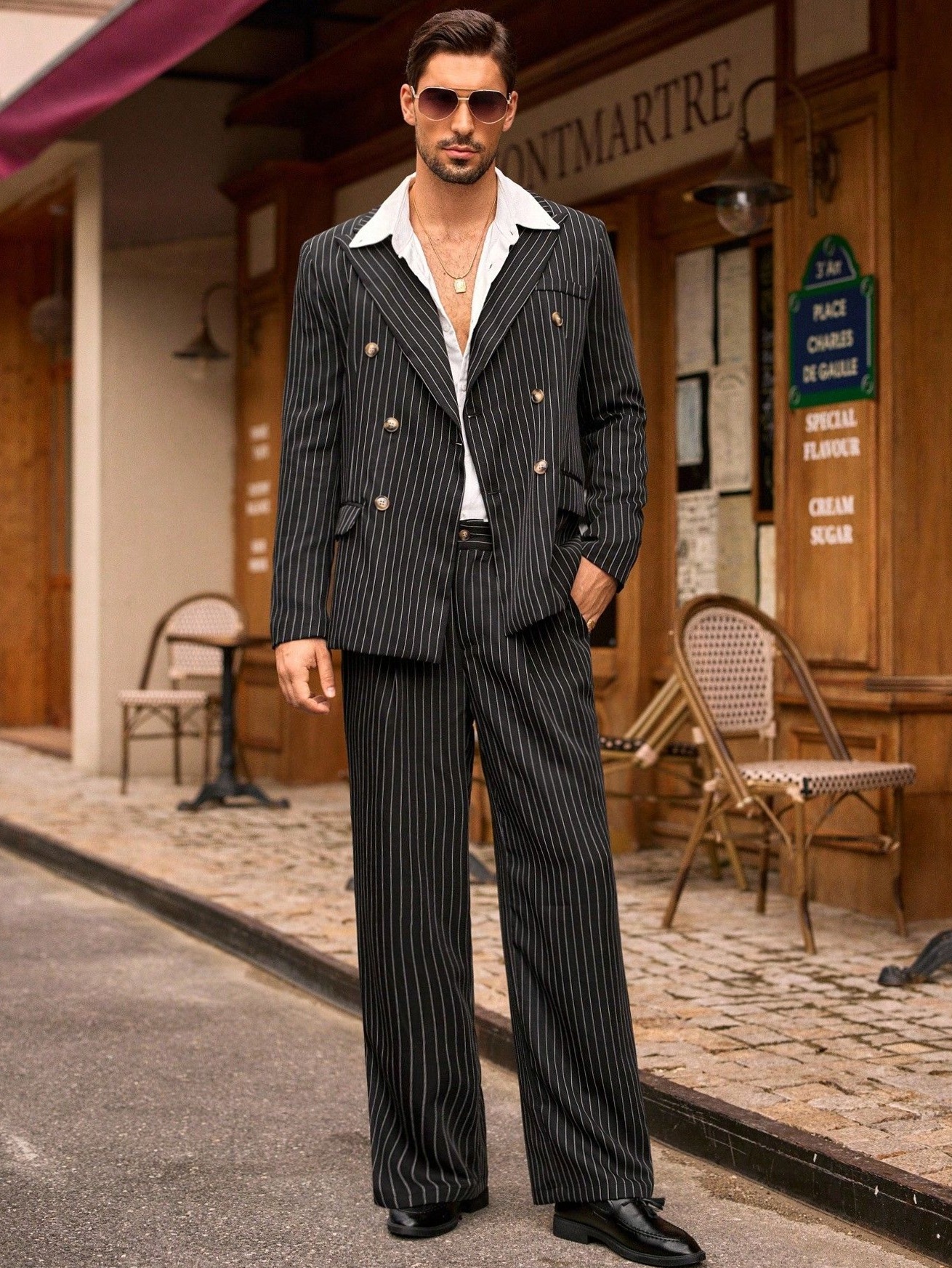 ✦ brand design magic ✦ Double-Breasted Striped Blazer Outfit – Rugged Elegance f 764