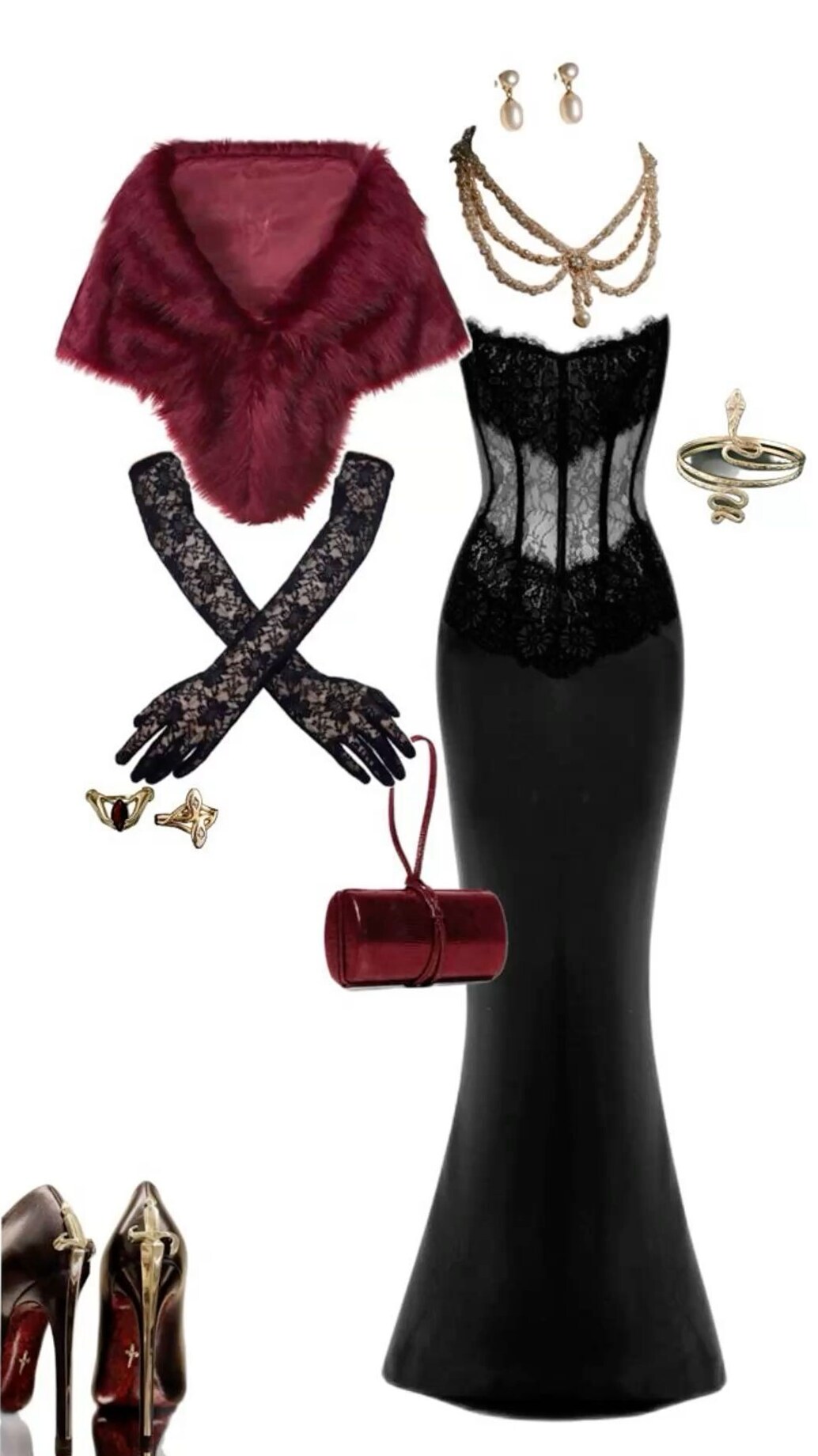 🎭 ⟡ Burgundy Glamour Fur Shawl Neon Vintage Party Dress 348