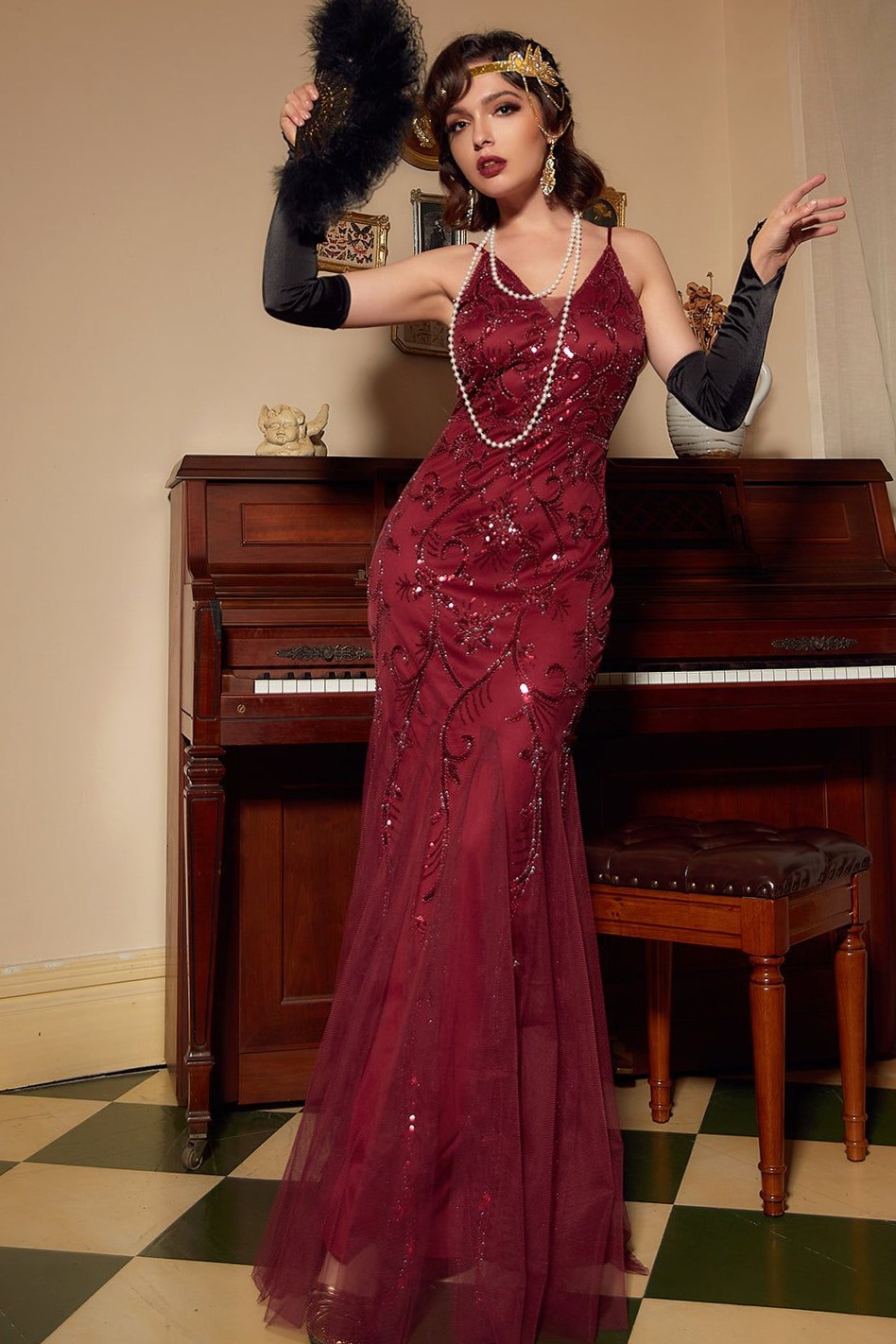 creative asset goals • Red Sequins V-Neck 1920s Glam Dress in Black Blush 🔶 🪄 567