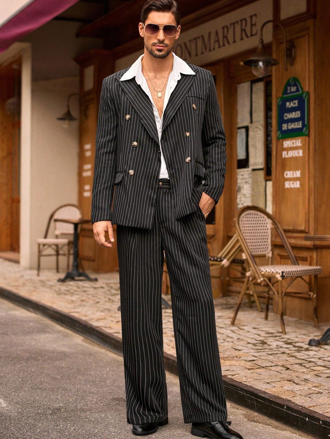 Double-Breasted Stripe Blazer Set — Autumn Elegance, Vintage Edge, Neon-Infused  614