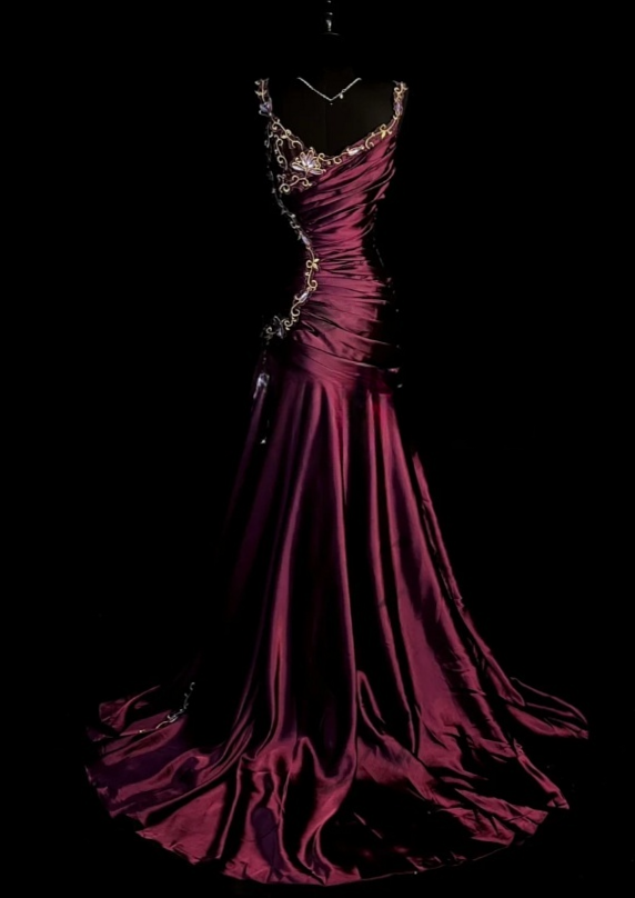 Enchanted Evening: Midnight Satin Gown with Olive Heart Embrace — 🌹 640