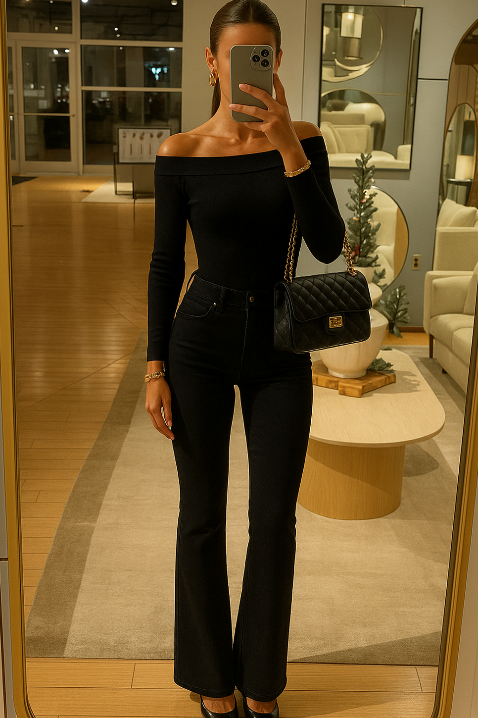 ✨ Neon-Edge Evening Ensemble: Sleek Flare Jeans & Slingback Heels | creative chr 437