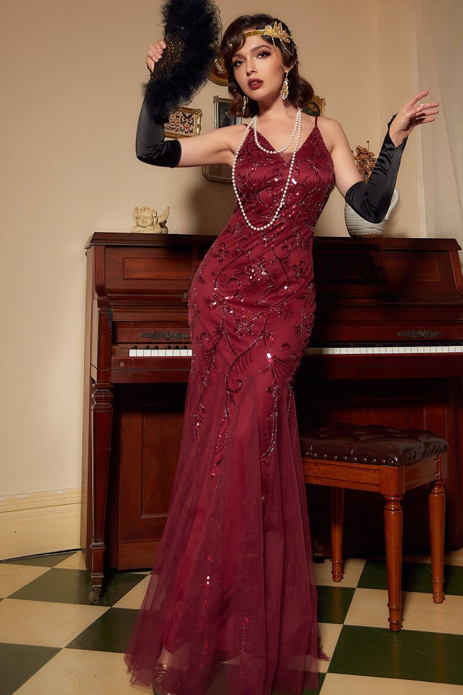 🎪 📻 🎭 ✦ Retro Glam Dark Red Sequin V-Neck Art Deco Gown 138