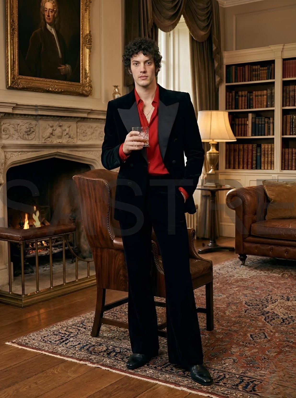 1920s inspired design ✧ Retro Glam: 70s Black Velvet Suit with Neon Flare for Vi 603