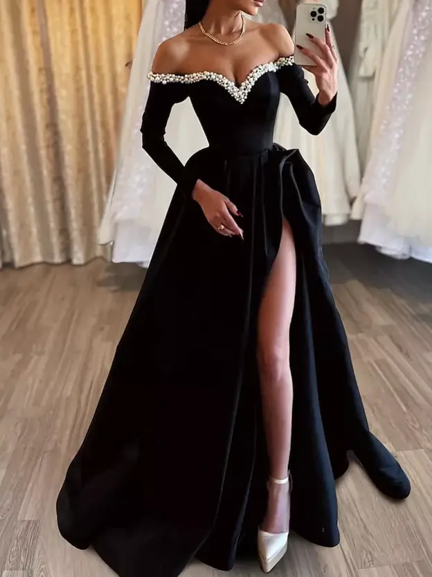 A-Line Satin Evening Gown with Pearl Embellishments and High Split Design — ⚡ 791