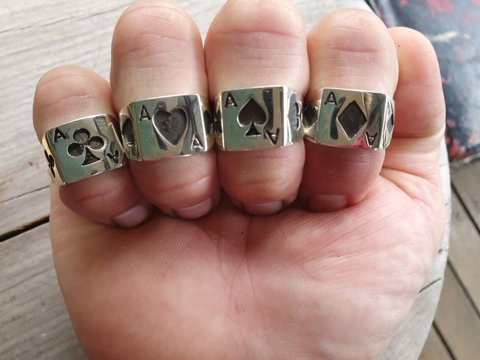 Ace Rings Set – Oxidized Sterling Silver, Poker Art, Vintage Glam, Handcrafted G 440