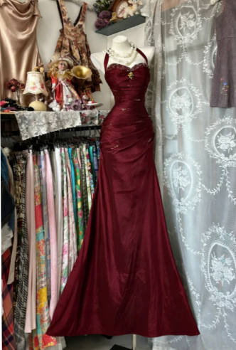 antique treasure hunt ✧ Blue Satin Dreams: Vintage Beaded Mermaid Prom Elegance  290