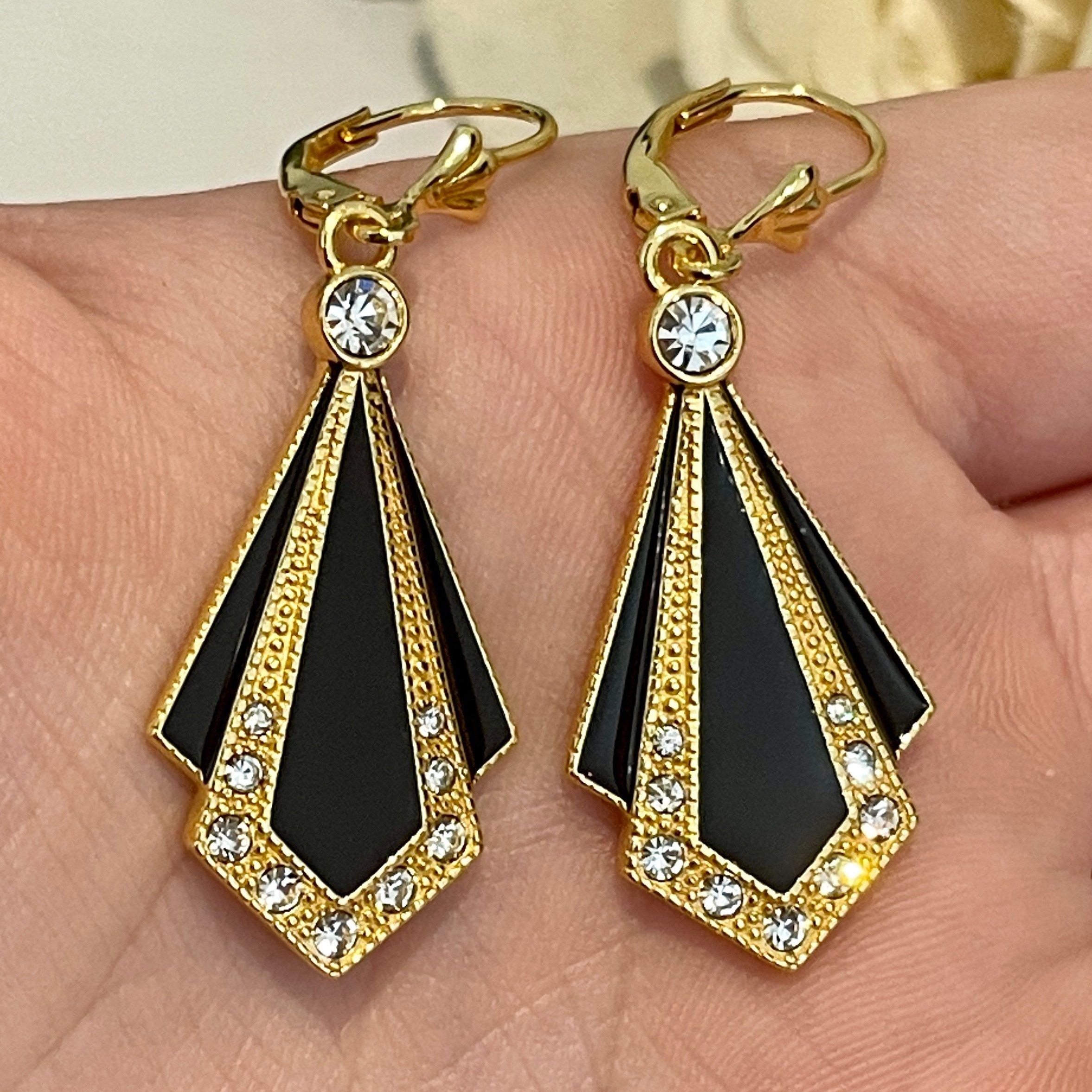 🖌️ Art Deco Glam: Black Enamel Gold Vermeil Earrings — aesthetic edit 242