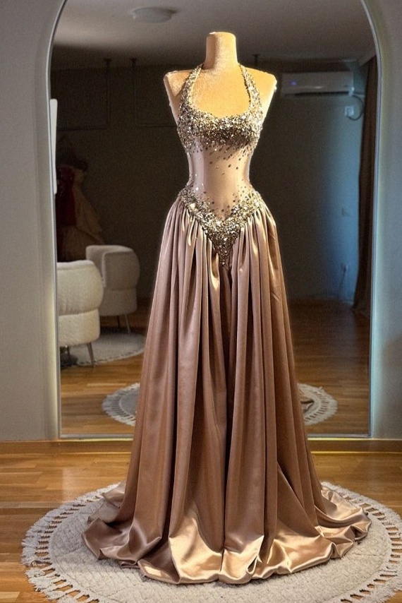 ✦ art direction inspiration ✦ Glowing Pleat Fantasy: Brown Sequin Halter Gown Ar 146