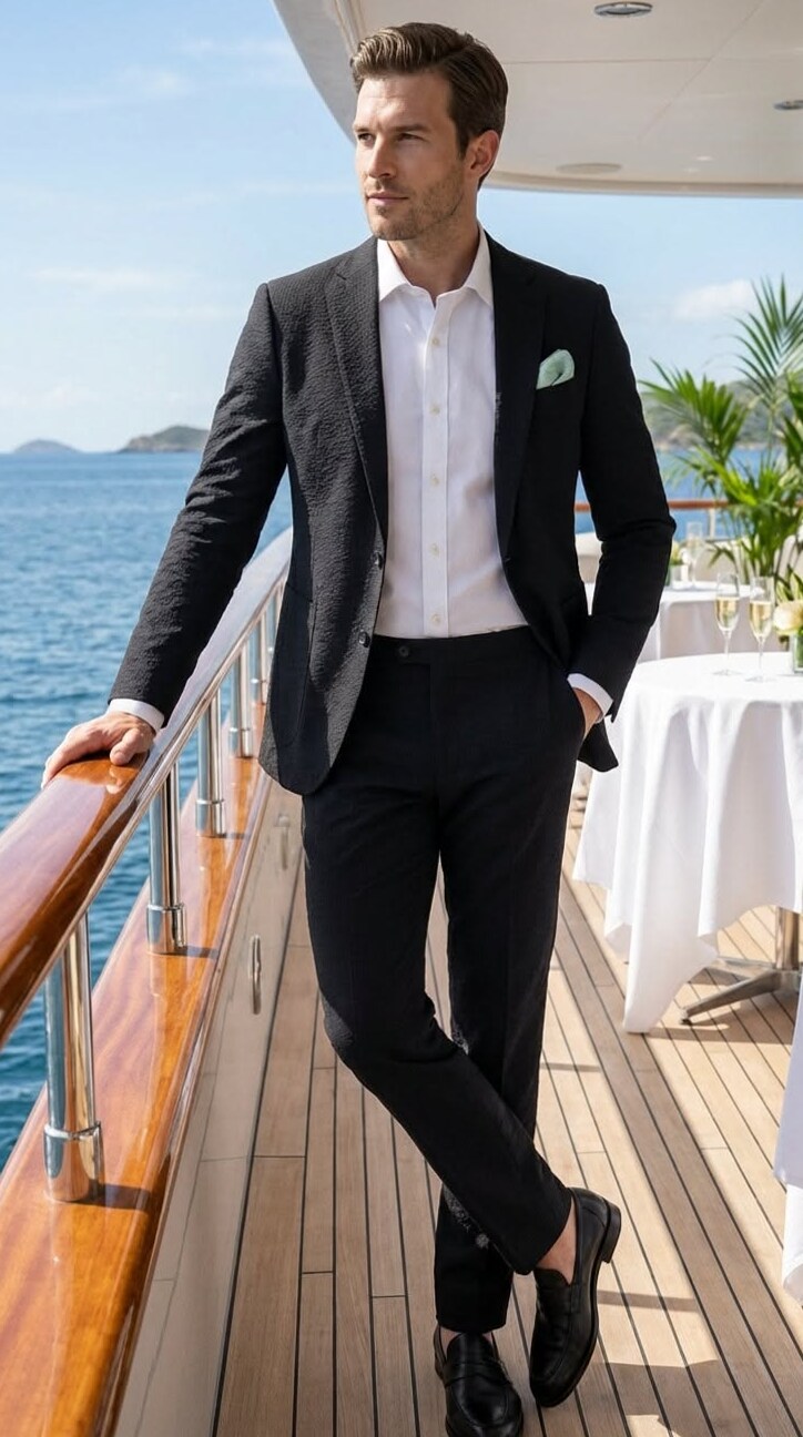 🍾 | Black & Burgundy Seersucker Suit in Shadow Tones, Textured Cotton, Summer Fo 368