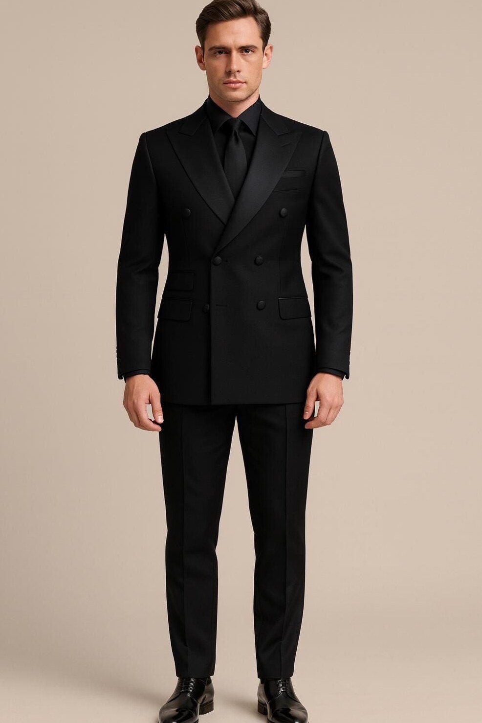 Black Double-Breasted Tuxedo Suit | Peak Lapel Custom Formalwear | Vintage Neon  541