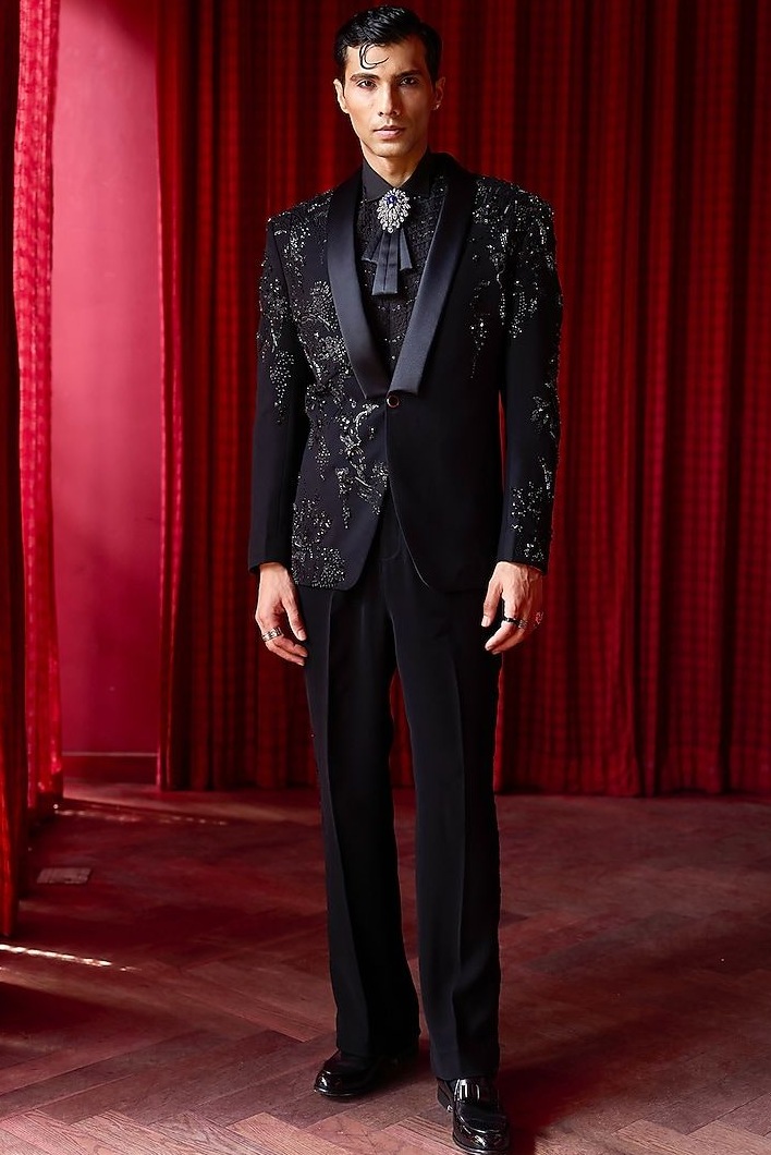 Black Lachha Tuxedo Set with Sequin Embroidery by ASUKA at Pernia’s Pop Up Shop  374