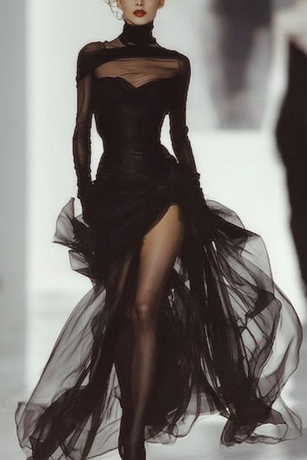 👢 Black Tulle Embrace With Leather Contrast, Floor-Length Neon Elegance Gown 459