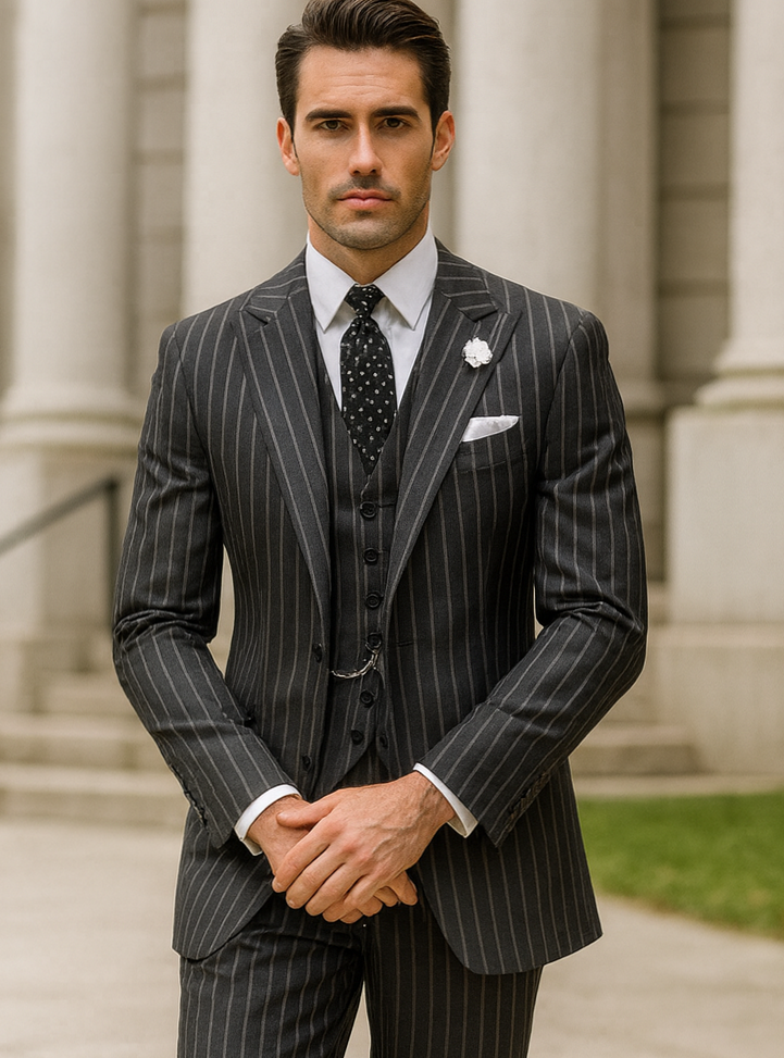 Bold 2-Button Pinstripe Suit in Black & Red Neon Gangster Style • 🌟 954