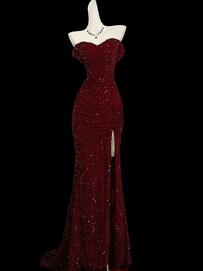 🎆 brand design magic ✦ Neon-Glazed Mermaid Gown in Scarlet Sequins, Vintage Glam 679