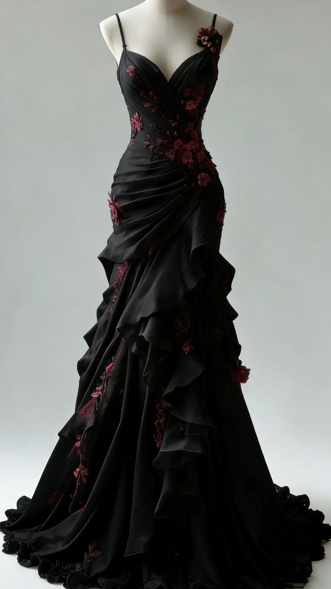 ⊹ Burgundy Applique Mermaid Chiffon Gown with Neon Accents and Spaghetti Straps  879