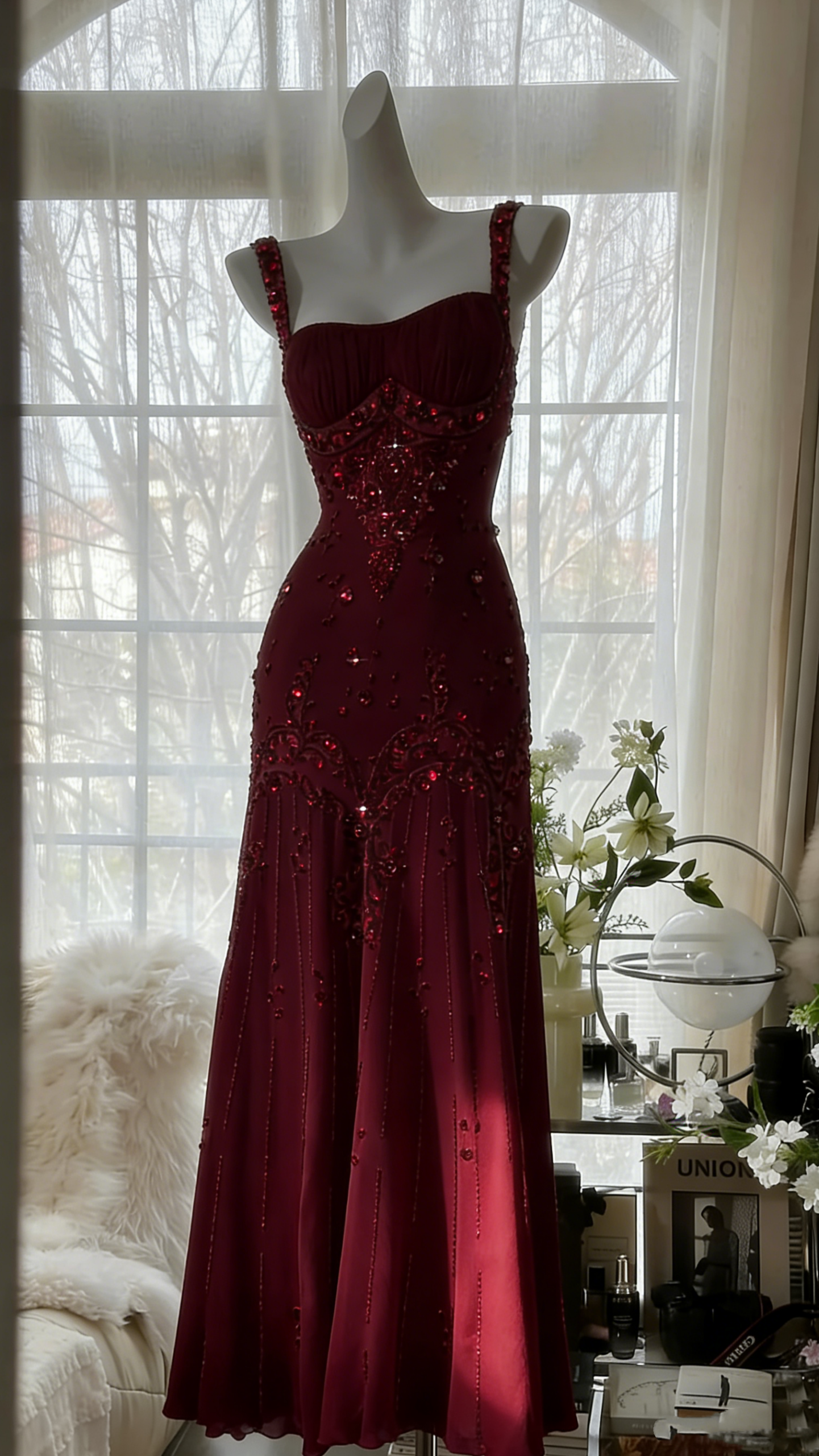 🎀 🎈 🎀 ⟡ Burgundy Beaded Chiffon Mermaid Dress – Timeless Glam for Midnight Memor 702