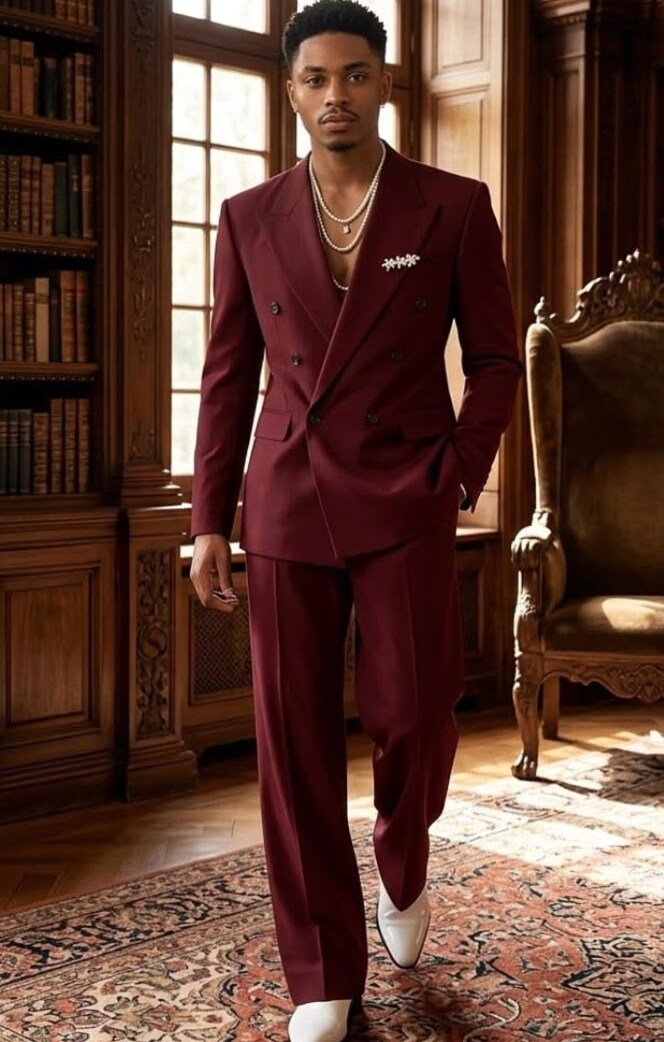 Burgundy Double Breasted Suit with 70s Wide Leg Trousers for Timeless Prom Elega 833