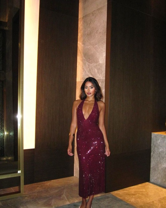 Burgundy Halter Midi Dress with Sparkling Vintage Neon Elegance — beauty in deta 917