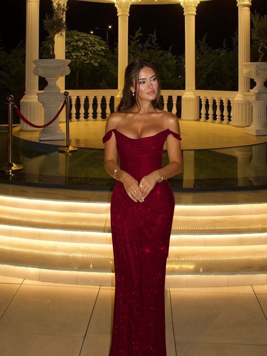 🎉 | Burgundy Mermaid Dress with Beaded Off-Shoulder Glam in Vintage Neon Eleganc 366