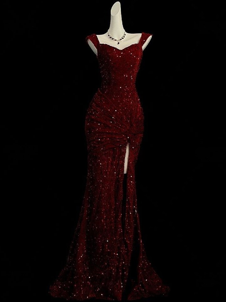 🪄 Burgundy Mermaid Prom Dress with Sequin Glam Silver Accents — aesthetic edit 798