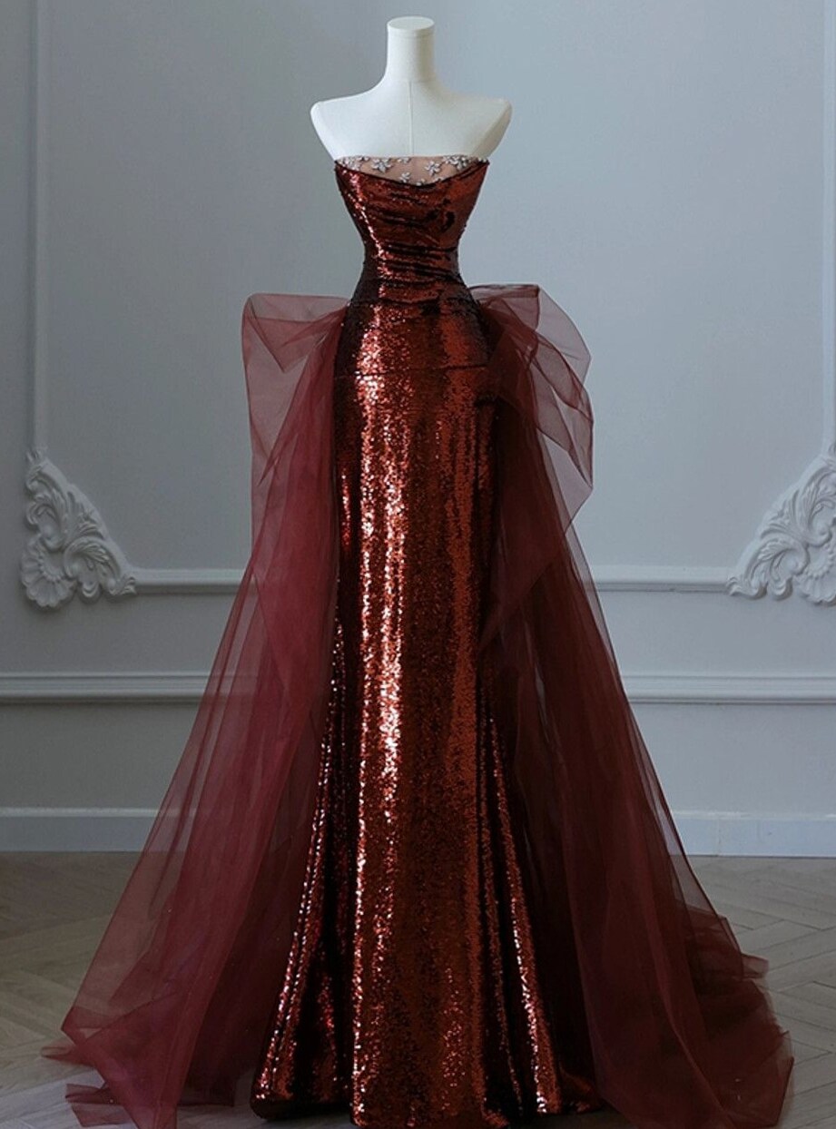 Burgundy Mermaid Sequined Tulle Prom Gown with Neon Vintage Glam 🖌️ 🖼️ 575