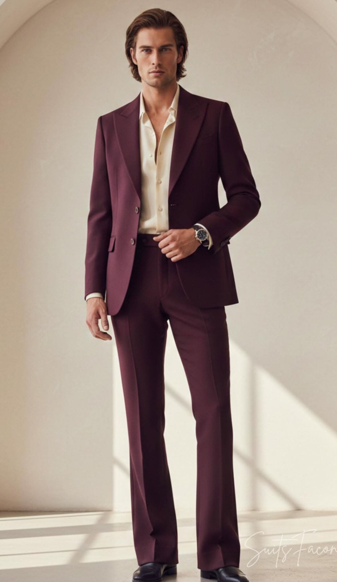 🌺 Burgundy Neon Lapel Suit Retro Partywear Slim Fit Vintage Glamour 237