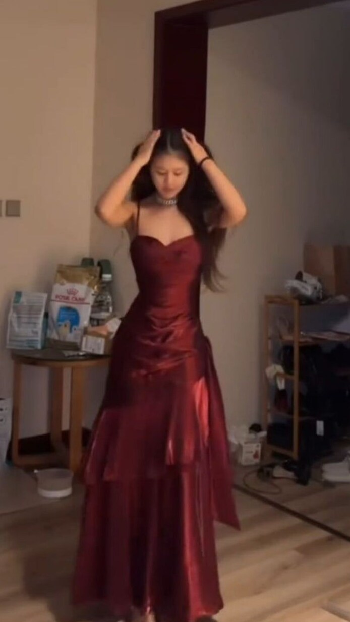 Burgundy Ruffle Prom Dress with Spaghetti Straps — LTP3982 Pink Glow Vintage Des 945