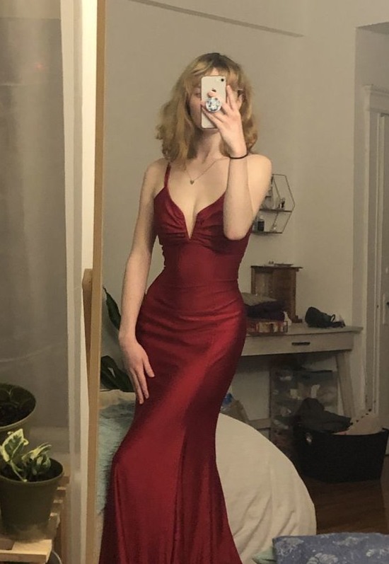🦋 🥂 Burgundy Satin Mermaid Dress with Cross Back V Neck Elegance | creative chro 858