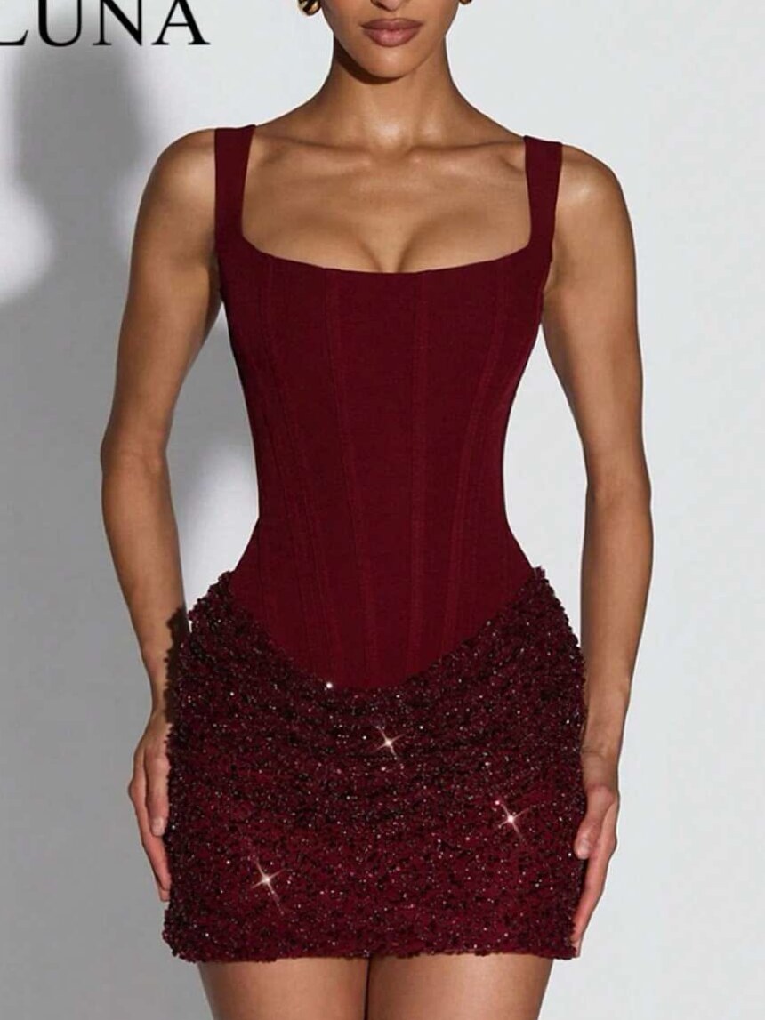 Burgundy Sequin Bodycon With Neon Glam And Vintage Shine 👜 🕶️ 131