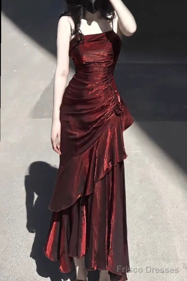 🌺 🌸 Burgundy Spaghetti Strap Party Gown with Vintage Neon Glam — aesthetic edit 952