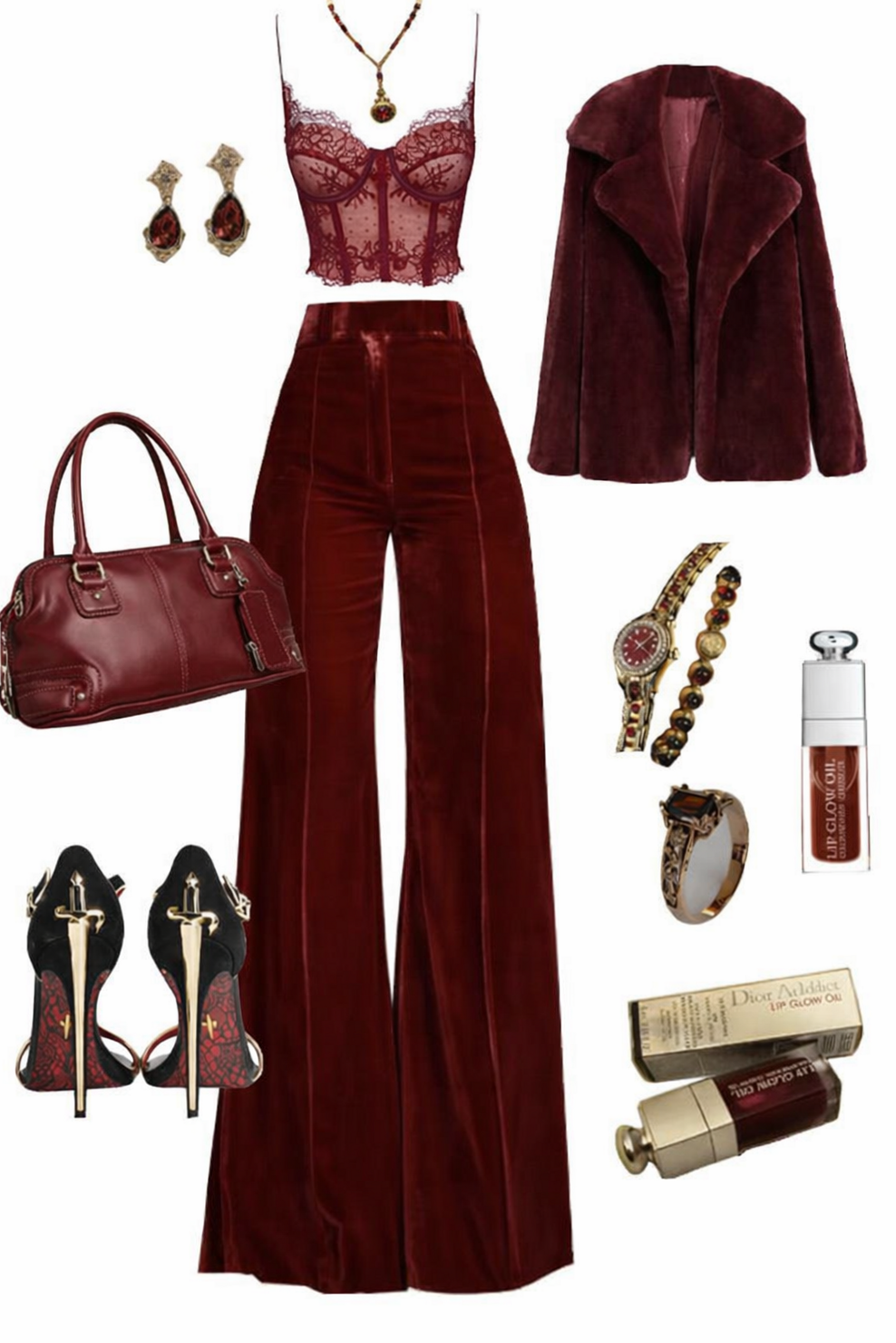 💜 💟 ✦ Burgundy Y2K Glam with Neon Leather Bag and Retro Vibe 501