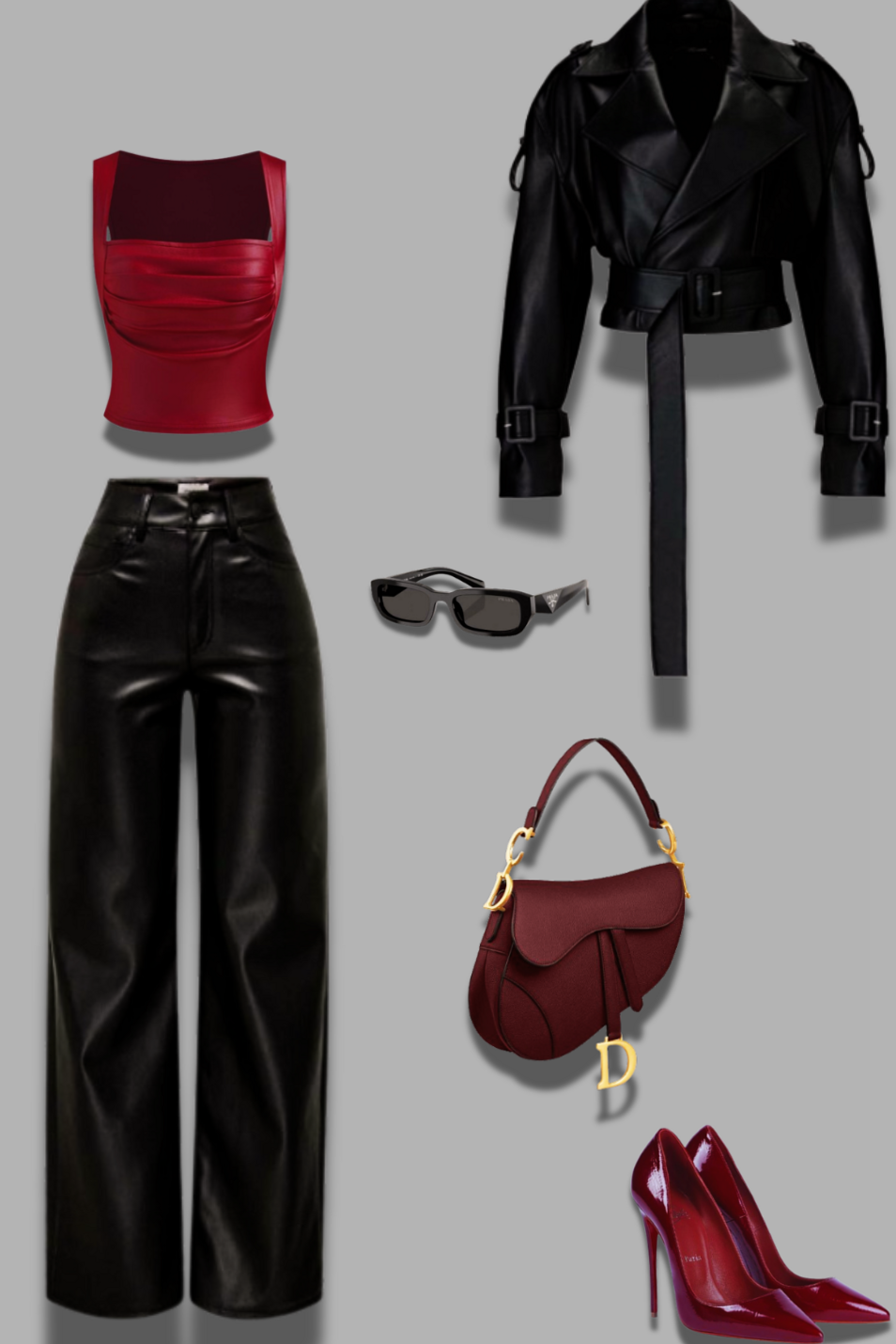 🌵 🌺 Chic Red & Black Leather Night Outfit with Neon Trims and Vintage Elegance 681