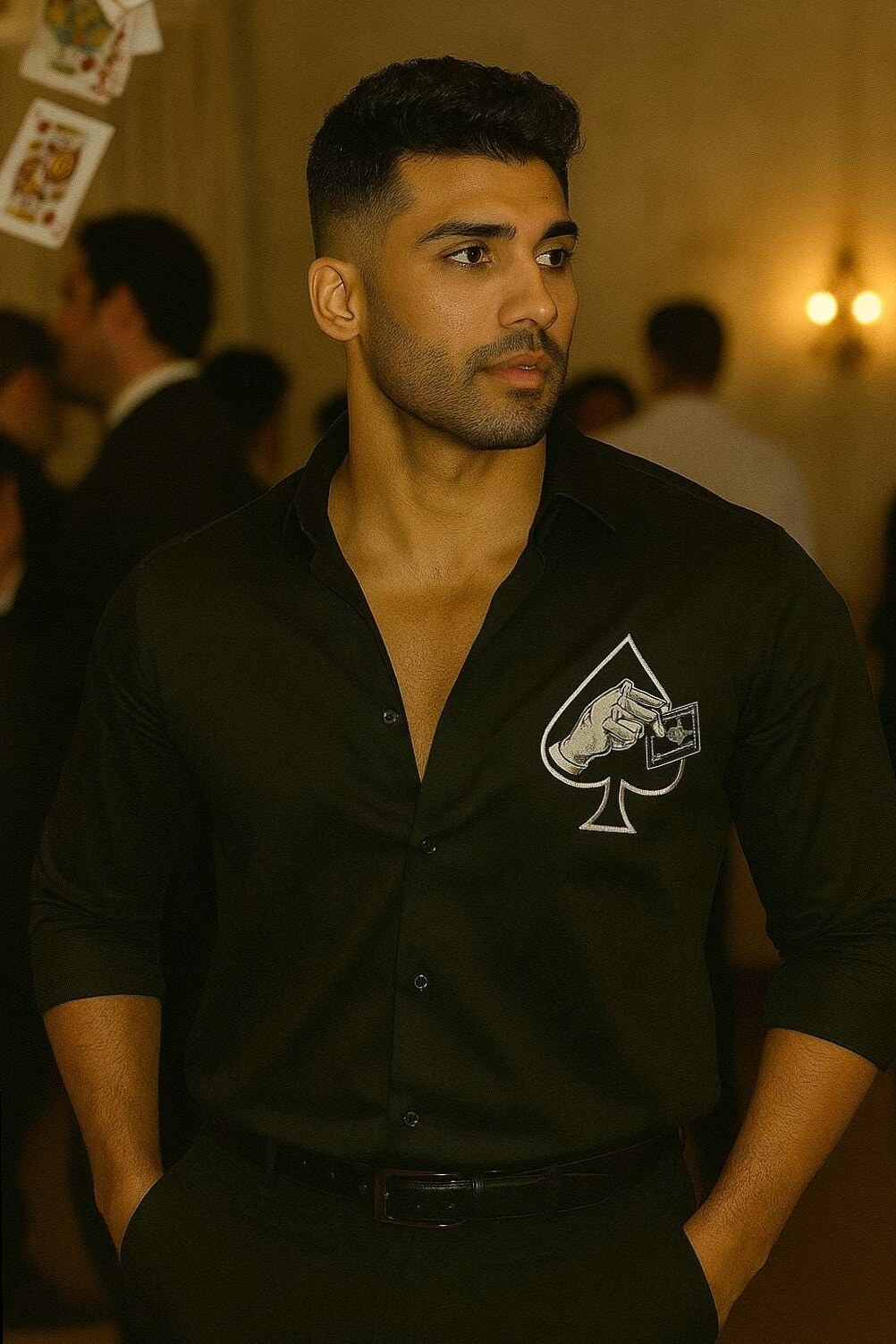 ✦ creative chronicles ✦ Men’s Black Gothic Neon Shirt with Skeleton Hand Ace Emb 128