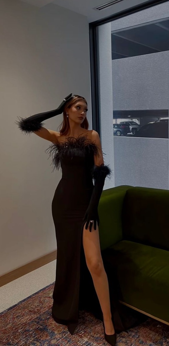 creative chronicles ✧ Neon-Embellished Black Feather Gown with Vintage Glamour 🍾 223