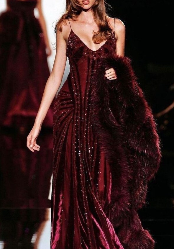 creative corner • Glowing Wine-Hued Gown with Fur Cape, Neon Glam, Vintage Party 321