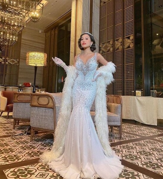 ✦ creative corner ✦ Neon-Embellished White Evening Gown in Vintage Luxury Style  985