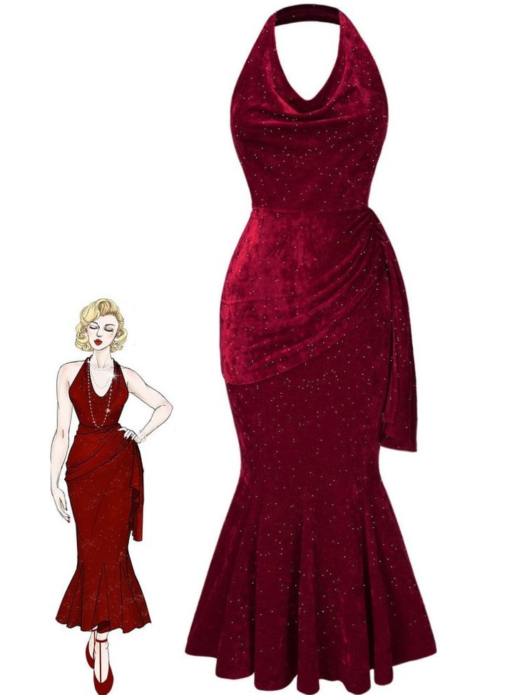 creative corner • Neon Glitter Cowl Neck Mermaid Dress in Deep Red Vintage Glam  729