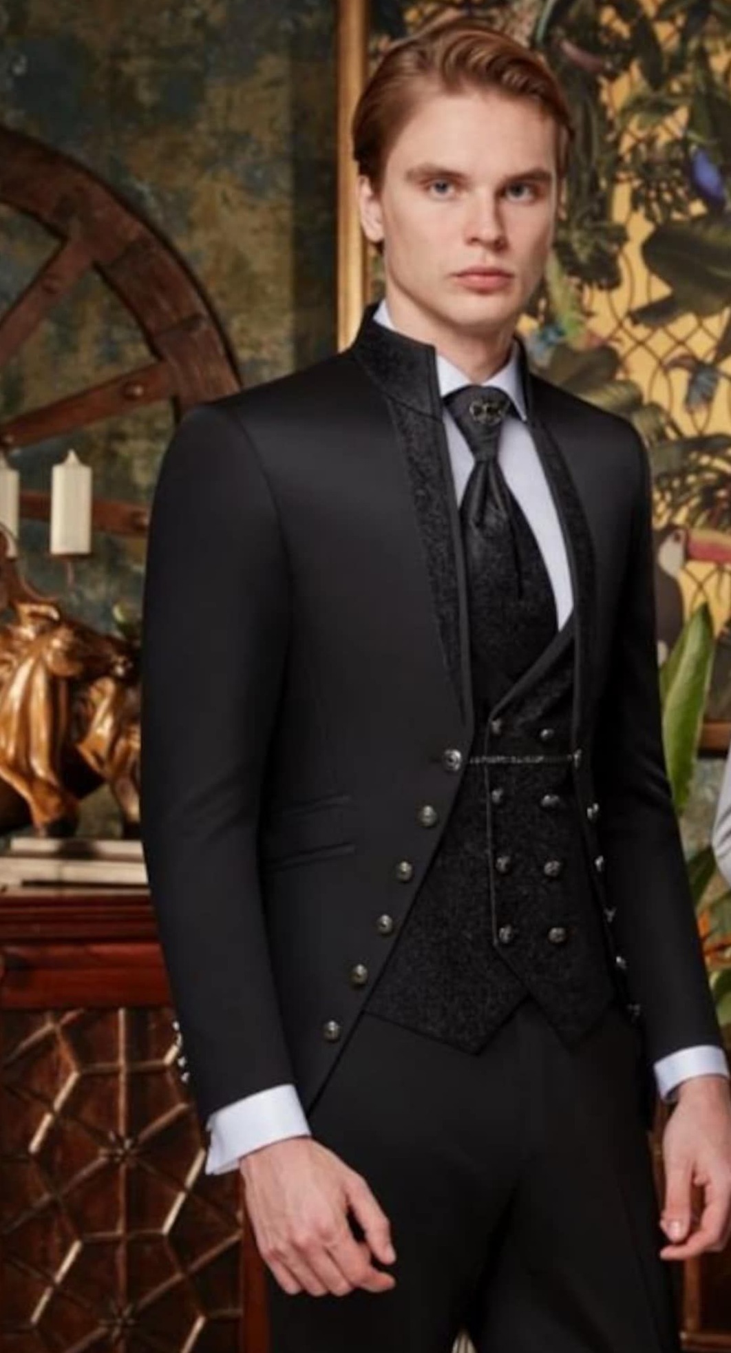 🍃 creative luxury feed ✦ Black Tuxedo Set with Velvet Vest — Neon-Elegant Design 882