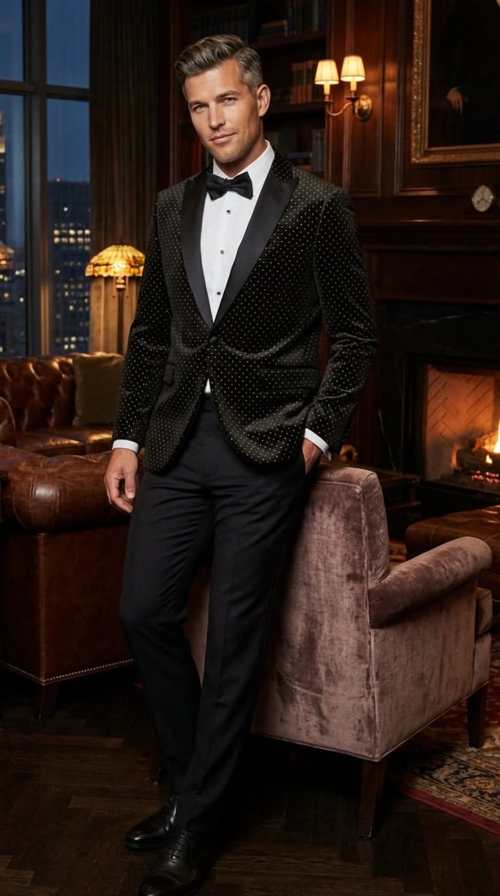 creative luxury feed • Midnight Velvet Reverie: Polka-Dot Tuxedo Blazer for Time 627