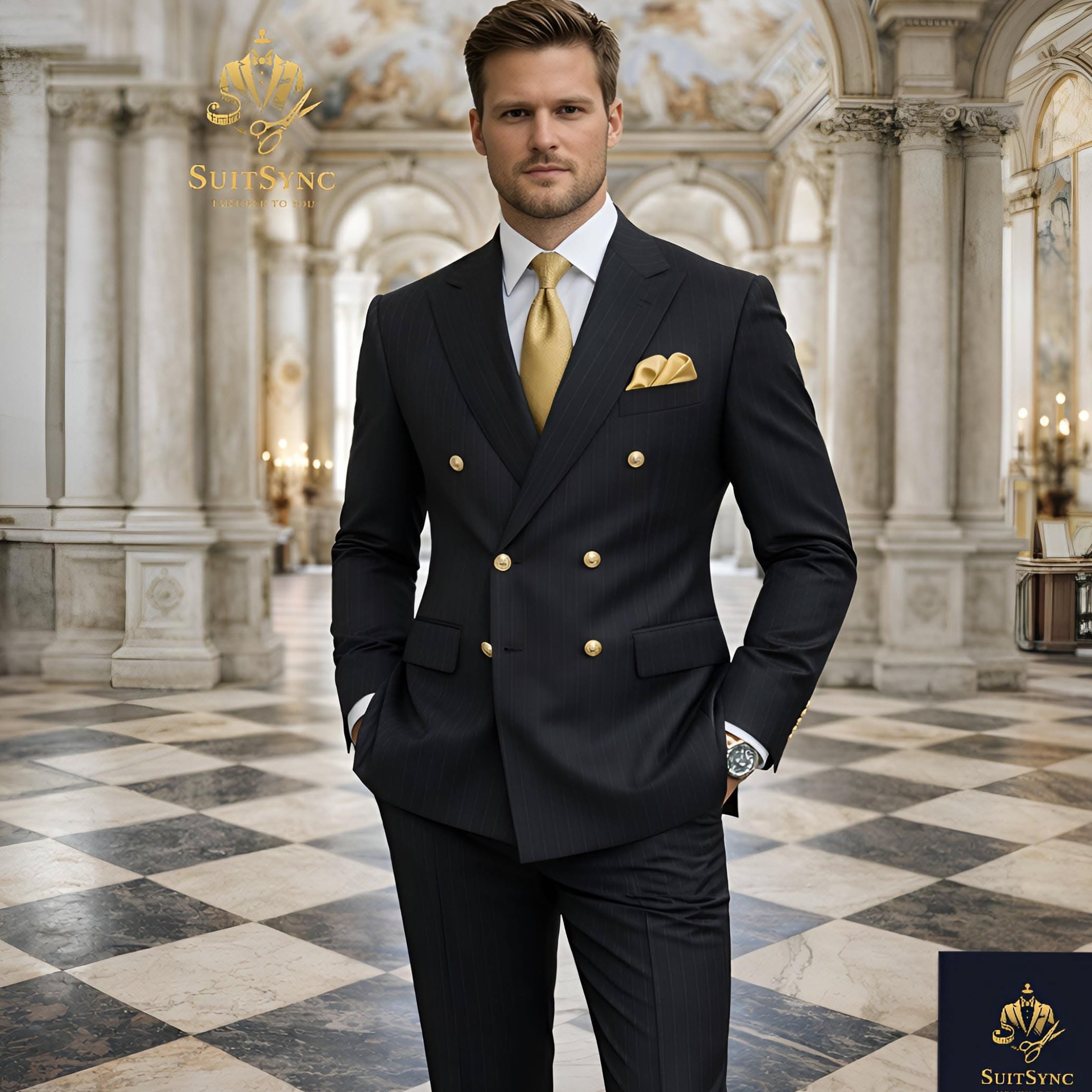 creative studio vibes ✧ Gatsby-Inspired Power Suit in Black Pinstripe with Gold  683