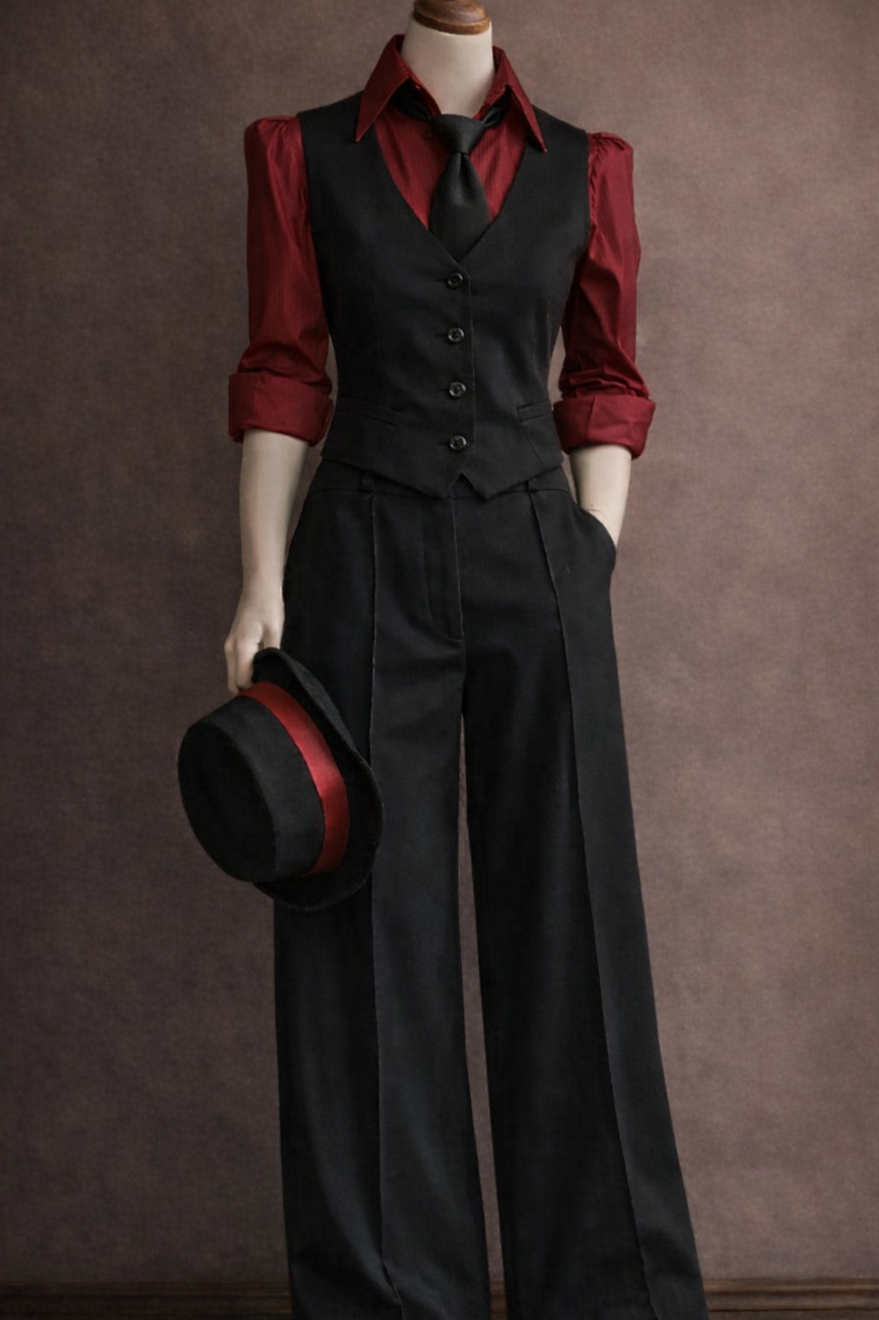 ✨ Dark Red Neon Power Suit with Vintage Black Waistcoat & Silk Tie Elegance | vi 180