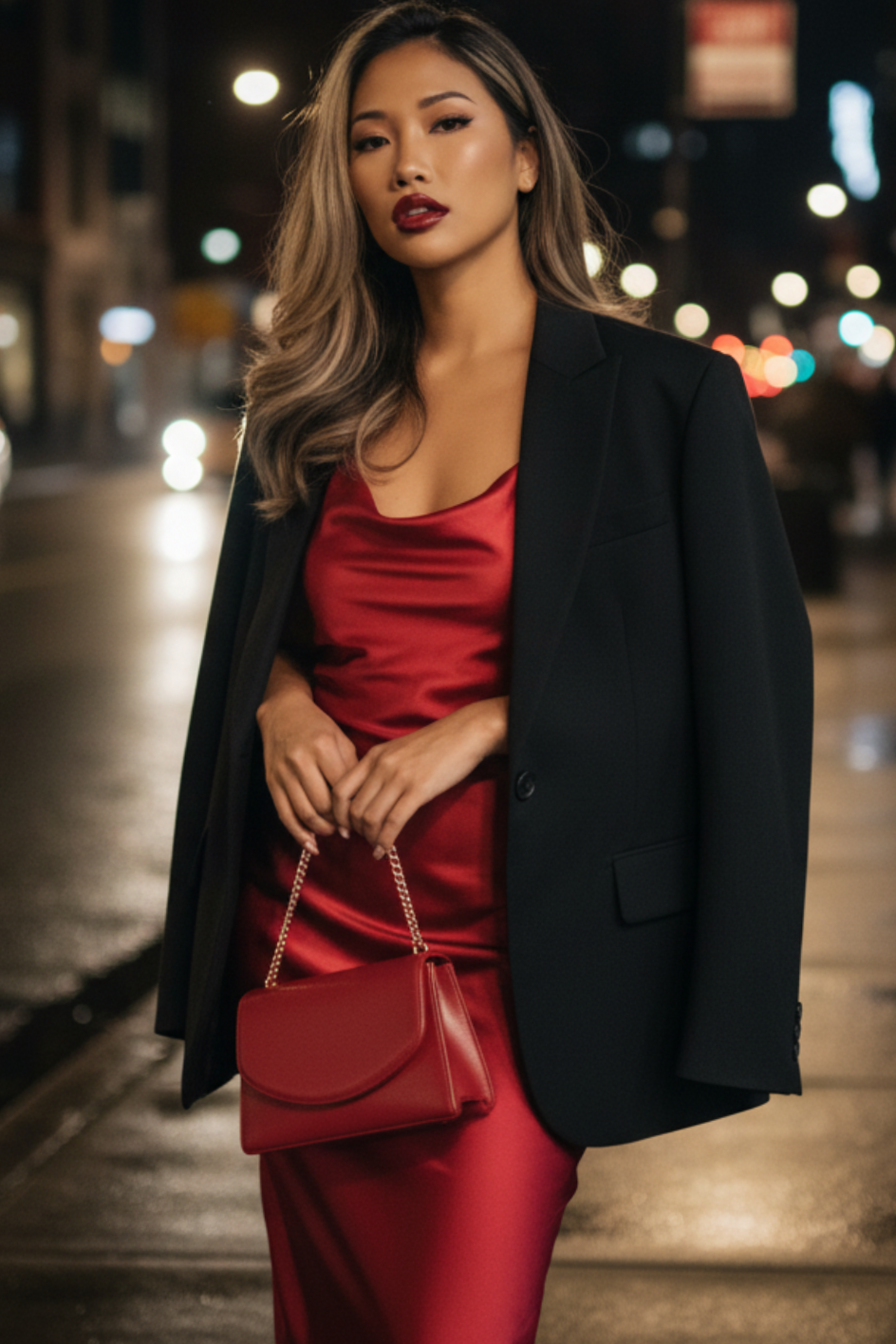 🧣 design diary ✦ Cherry Velvet Clash: Neon Satin Slip Meets Retro Blazer Eleganc 229