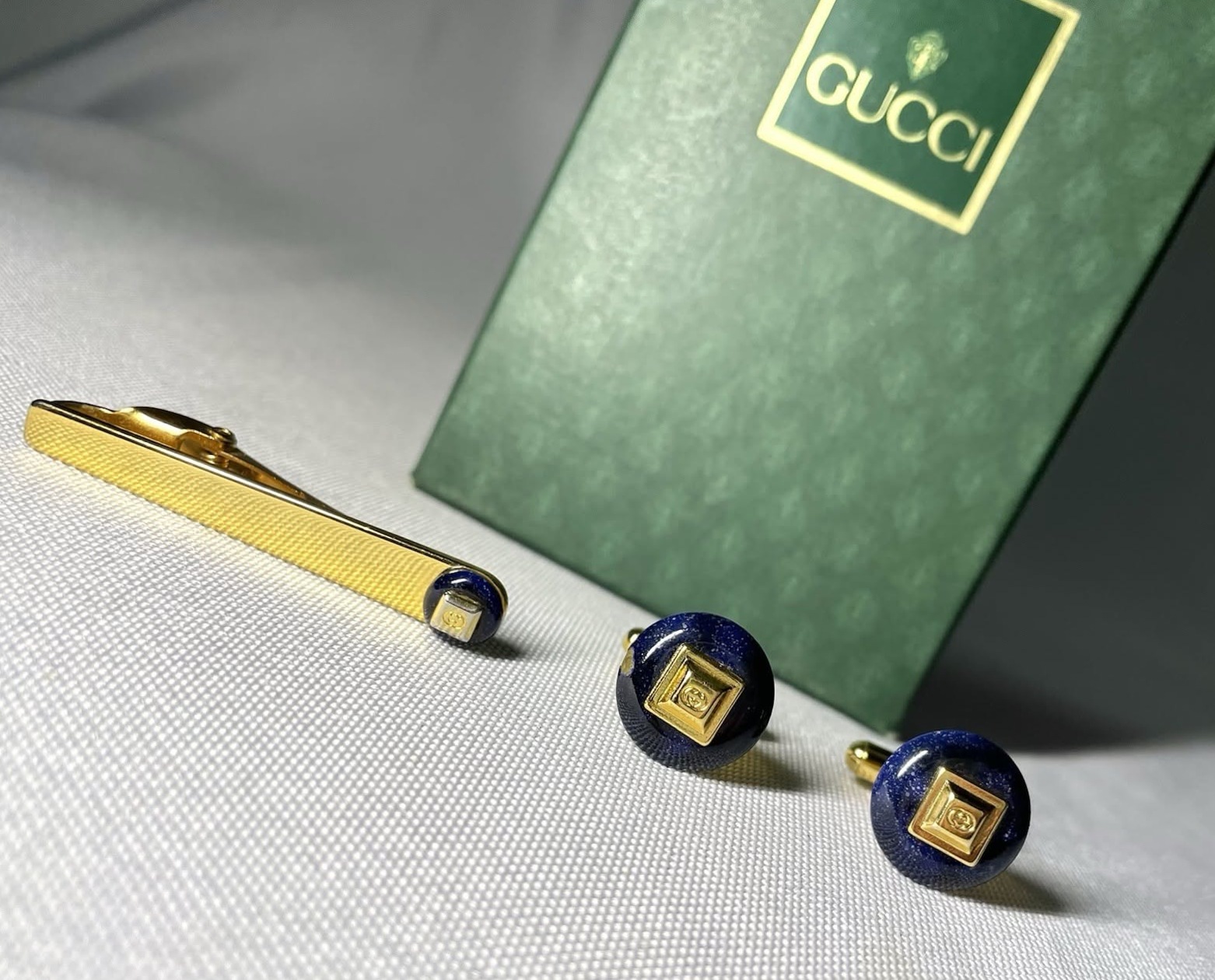 design diary: 🎀 💃 Vintage Glow: Rare Gucci GG Navy Tie Clip & Cufflinks in Bar G 621