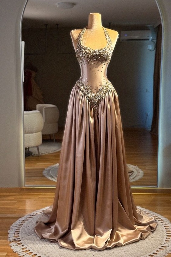 🔶 🖌️ designer life aesthetic ✦ Celestial Brown Halter Prom Dress in Sequined Ele 759