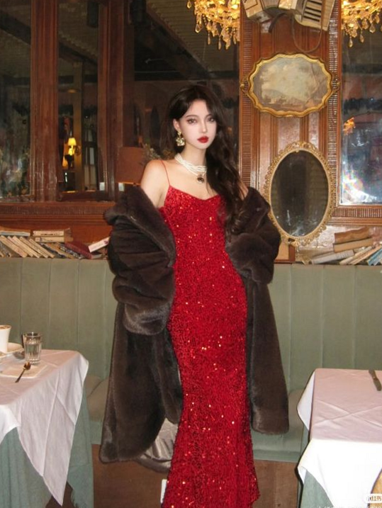 designer life aesthetic: Neon Red Mermaid Sequin Gown with Spaghetti Straps for  215