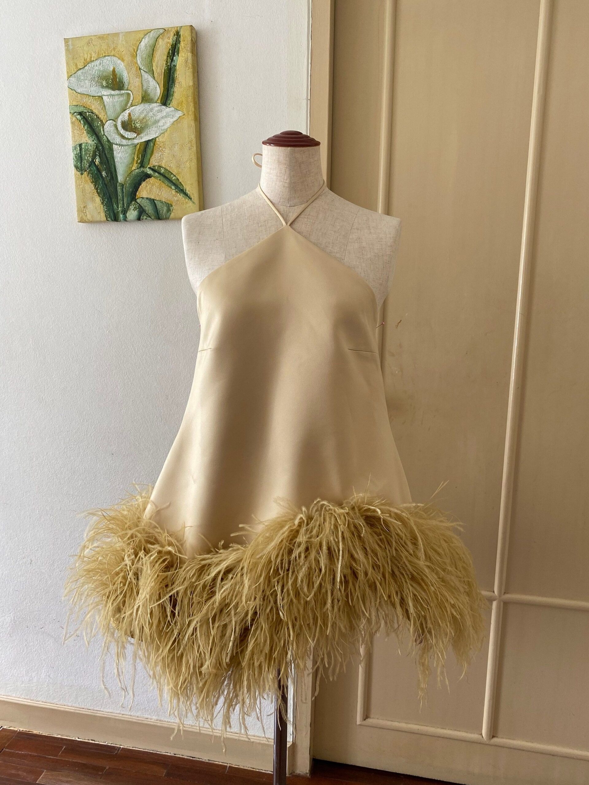 Eddy Gold Feathers Halter Mini Dress in Neon Vintage Glam — creative luxury feed 728