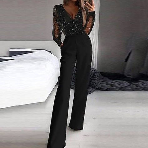 Elegant Black Mesh Gown with Sequins, V-Neck, Regular Fit for Spring Evenings —  923