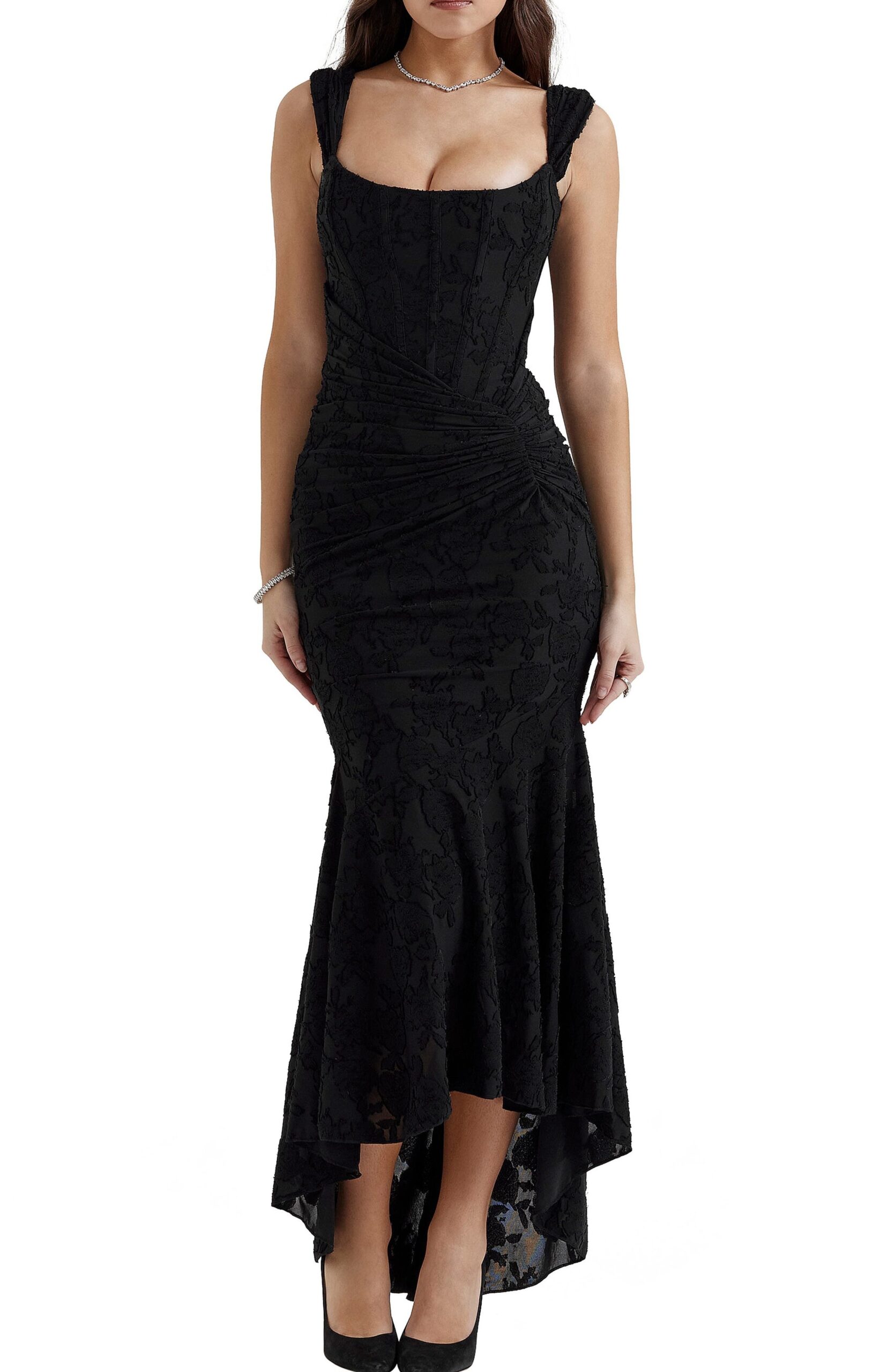 Floral Ruched Corset Dress in Black, High-Low Silhouette | Luxe Neon Vibes | Vin 311