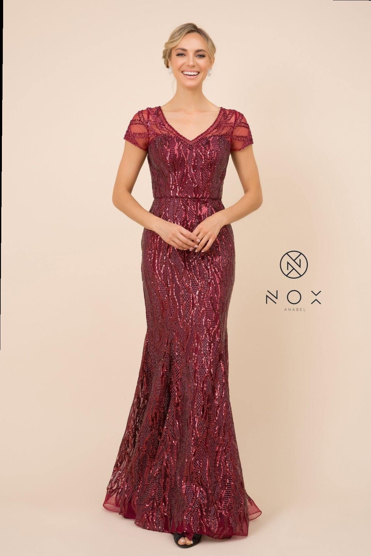 game art inspiration: 🌿 Burgundy Sequin Trumpet Gown with Neon Vintage Elegance 665